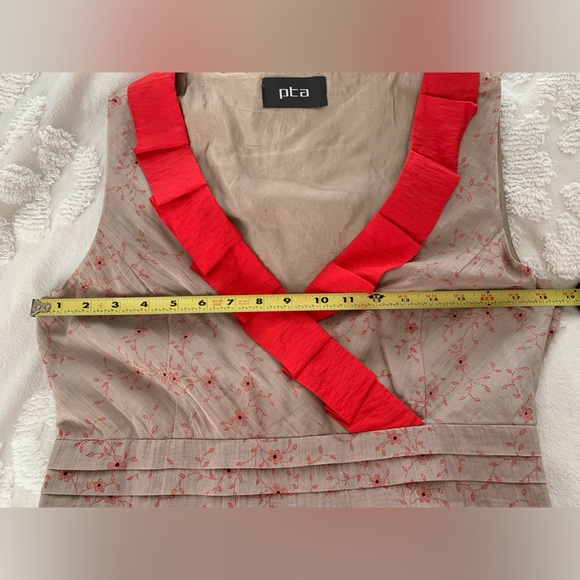 PTA Midi Dress A-line Skirt Surplus V-Neck Grey Beige Red Flowers Sleeveless L - Picture 10 of 11